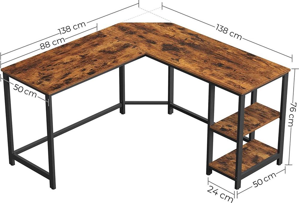 Een hoekbureau met een houten bovenblad en metalen poten, met afmetingen van 138 cm breed en 76 cm hoog. Het bureau heeft een open rek aan de rechterzijde voor extra opbergruimte, met een moderne en functionele uitstraling.