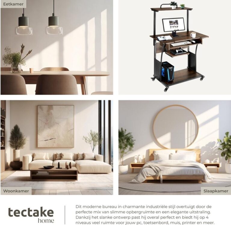 Een collage van interieurinspiratie met drie kamers: een eetkamer met een houten tafel en moderne hanglampen, een woonkamer met een comfortabele bank en stijlvolle decoratie, en een slaapkamer met een minimalistisch bed en een grote ronde spiegel. De afbeelding promoot een multifunctioneel bureau dat geschikt is voor verschillende woonruimtes.