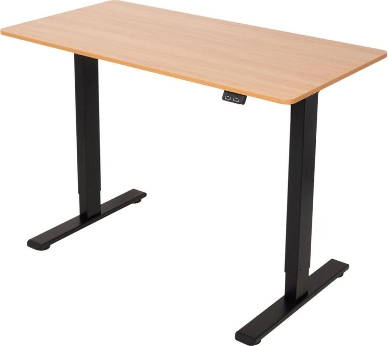 Een modern bureautafel met een licht houten blad en zwarte metalen poten, geschikt voor een stijlvolle thuiskantooropstelling. De tafel heeft een minimale, strakke uitstraling en lijkt functioneel voor verschillende werkbehoeften.