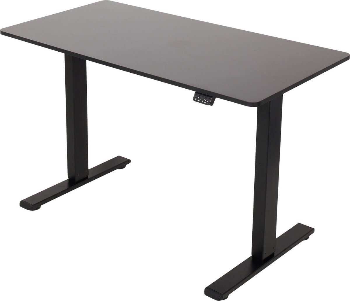 Een modern bureautafel met een zwart houten blad en zwarte metalen poten, geschikt voor een stijlvolle thuiskantooropstelling. De tafel heeft een minimale, strakke uitstraling en lijkt functioneel voor verschillende werkbehoeften.