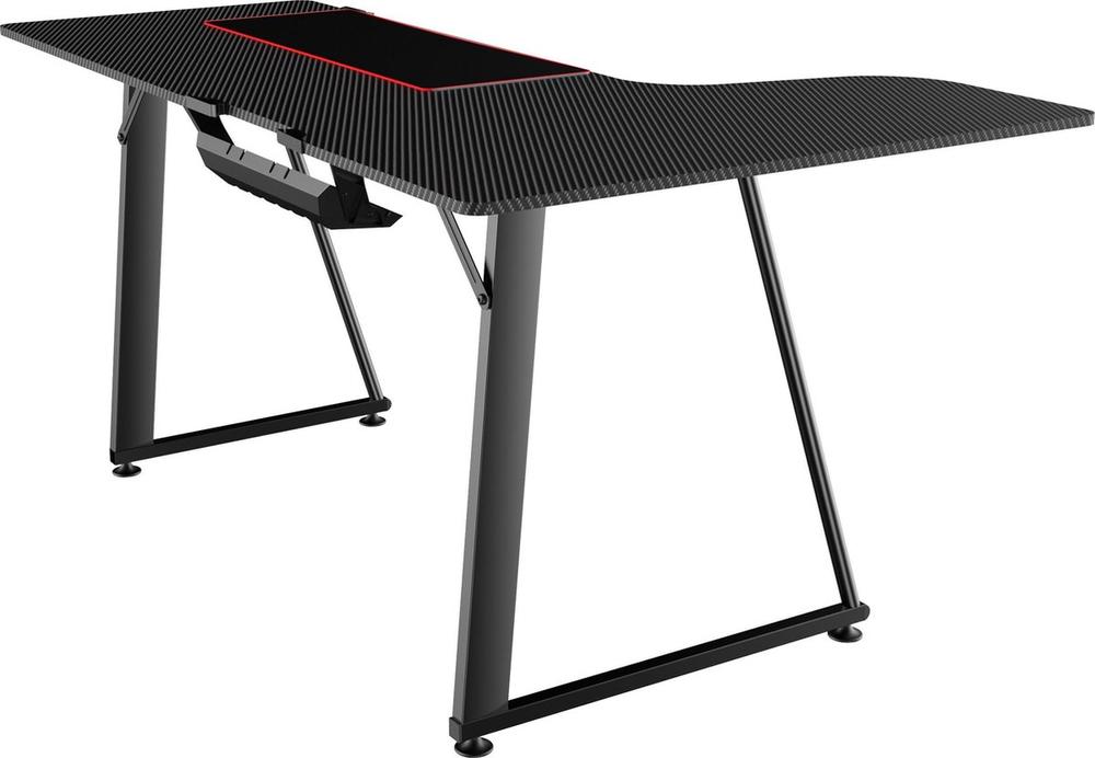 Een moderne gamingtafel met een zwart, gestreept oppervlak en een rood accent aan de bovenkant. De tafel heeft een stevig metalen onderstel en een ergonomisch ontwerp, perfect voor langdurig gebruik tijdens het gamen of werken.