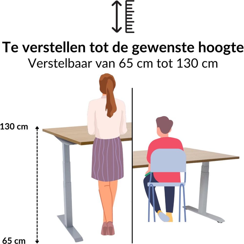 Een illustratie van een verstelbaar bureau, waarop de hoogte-instellingen van 65 cm tot 130 cm worden aangegeven. Een vrouw staat achter het bureau terwijl een jongen op een stoel voor het bureau zit, wat de flexibiliteit van de hoogte laat zien.