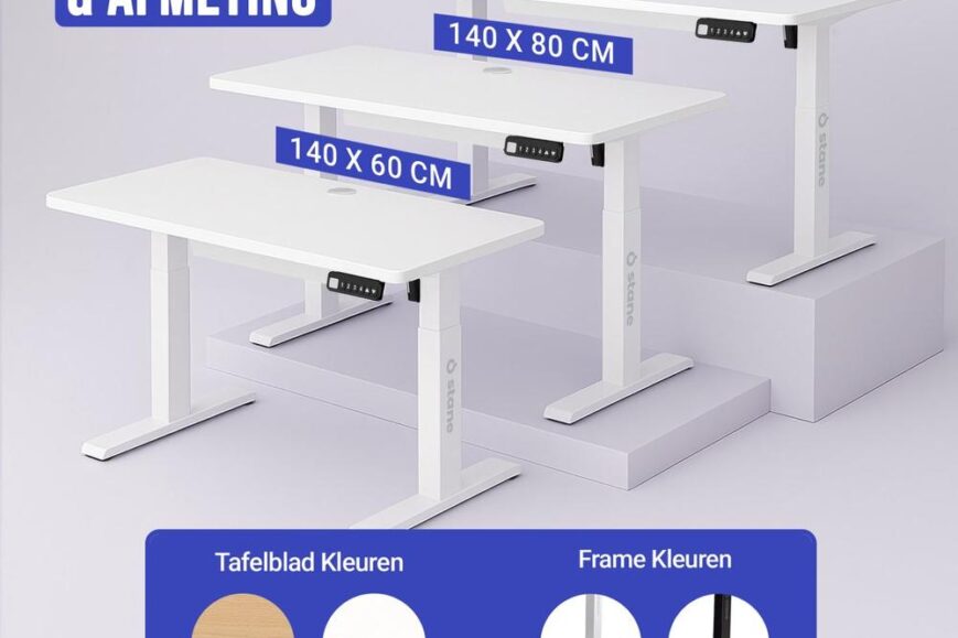 Afbeelding van verschillende verstelbare bureaus in wit met variërende maten: 140 x 60 cm, 140 x 80 cm en 160 x 80 cm. De bureaus zijn gepresenteerd op een lichte achtergrond en tonen opties voor tafelblad- en framekleuren.