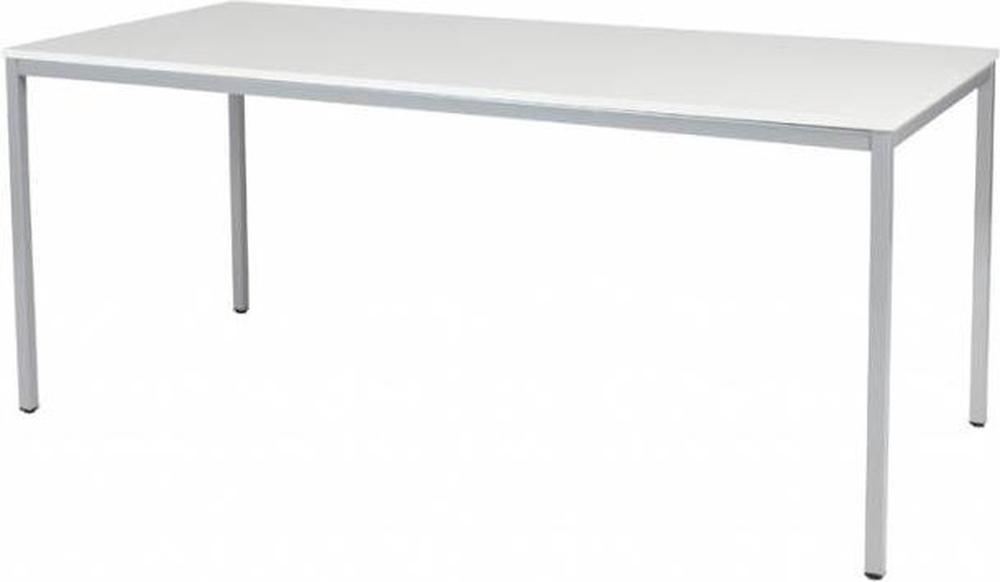 Een eenvoudige, moderne tafel met een witte bovenkant en metalen poten. Deze tafel is geschikt voor diverse ruimtes, zoals keukens en werkplekken.