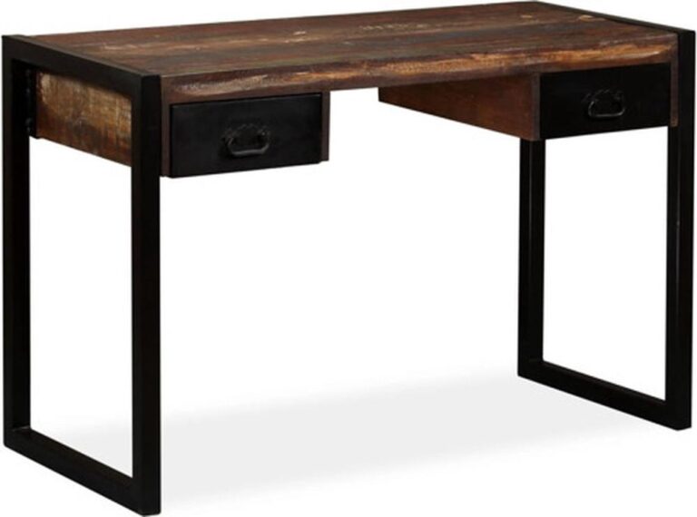 Een houten bureau met een rustieke afwerking, voorzien van twee lades met zwarte handgrepen. Het bureau heeft een moderne, metalen onderstel dat stevigheid en stijl combineert.