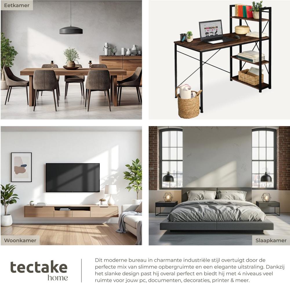 Een collage van interieurbeelden met een eetkamer, een bureau, een woonkamer en een slaapkamer. Elke ruimte toont moderne meubels en decoraties, met aandacht voor stijlvolle ontwerpen en functionele indelingen.