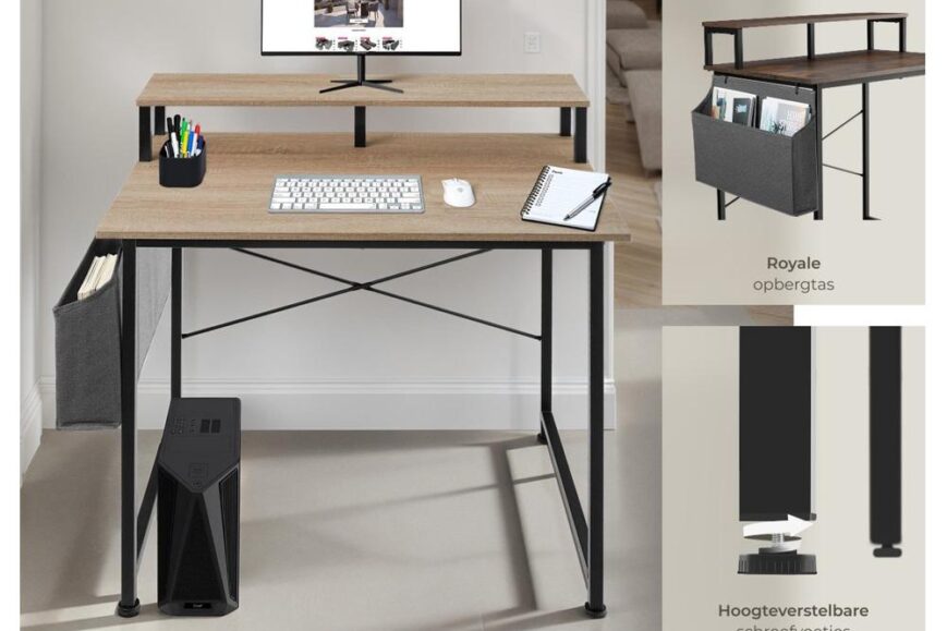 Een moderne bureau-setup met een houten bovenblad, een monitor, toetsenbord, en een notitieboekje, alles op een minimalistische zwarte metalen onderbouw. Aan de zijkant bevindt zich een grijze opbergzak voor extra organisatie en een zwarte pc-toren onder het bureau.