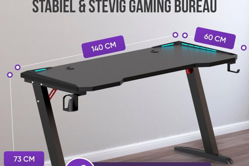 Afbeelding van een stevig gaming bureau met een zwart oppervlak en LED-verlichting. De afmetingen van het bureau zijn 140 cm breed, 60 cm diep en 73 cm hoog, met Z-vormige tafelpoten voor stabiliteit en eenvoudige montage.