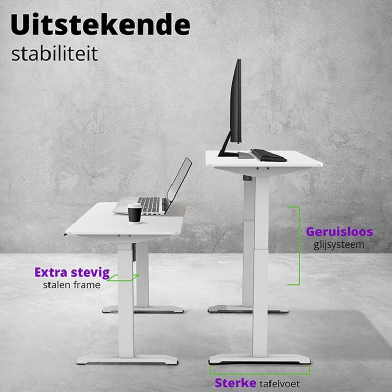 Twee verstelbare bureaus staan naast elkaar op een lichte achtergrond, met een laptop en een monitor op de bureaus. Belangrijke kenmerken zoals "uitstekende stabiliteit," "extra stevig stalen frame," en "geruisloos glijsysteem" zijn in kleurige tekst naast de bureaus geplaatst.