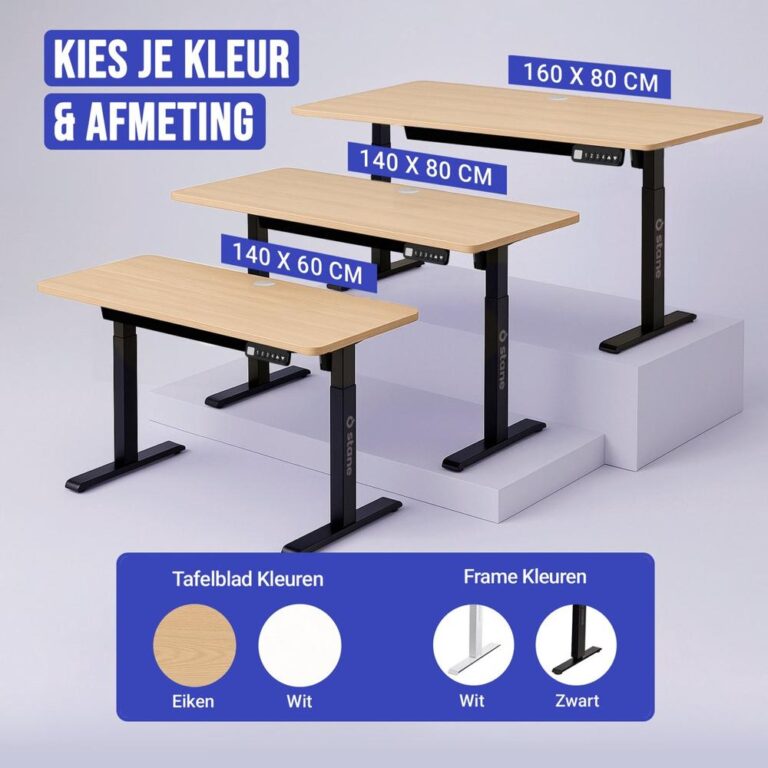 Afbeelding van verschillende verstelbare bureaus in wit met variërende maten: 140 x 60 cm, 140 x 80 cm en 160 x 80 cm. De bureaus zijn gepresenteerd op een lichte achtergrond en tonen opties voor tafelblad- en framekleuren.