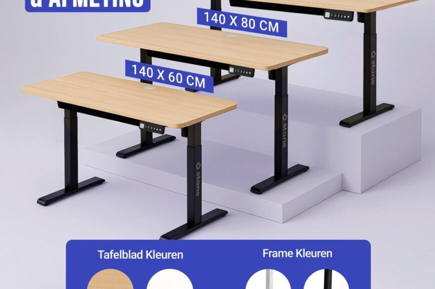 Afbeelding van verschillende verstelbare bureaus in wit met variërende maten: 140 x 60 cm, 140 x 80 cm en 160 x 80 cm. De bureaus zijn gepresenteerd op een lichte achtergrond en tonen opties voor tafelblad- en framekleuren.