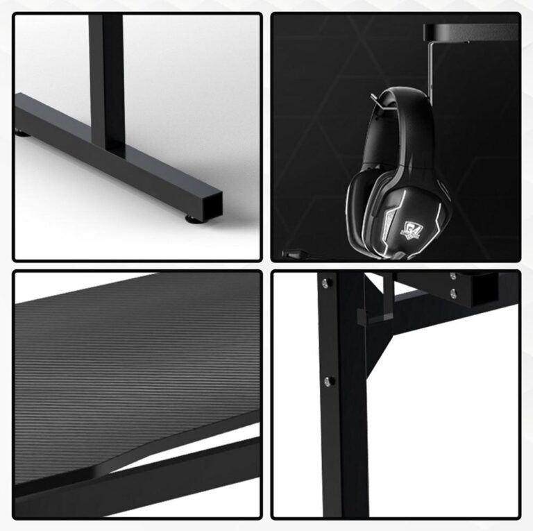 Afbeelding toont vier close-ups van een zwart gaming bureau. De bovenste afbeeldingen tonen een stevige metalen basis en een headsethouder, terwijl de onderste afbeeldingen een geribbelde tabletop en een bevestigingsmechanisme laten zien.