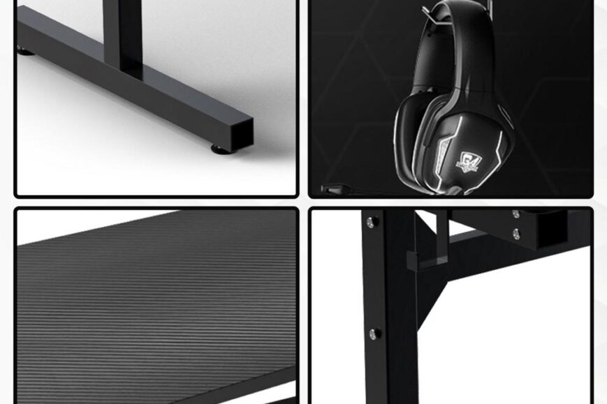 Afbeelding toont vier close-ups van een zwart gaming bureau. De bovenste afbeeldingen tonen een stevige metalen basis en een headsethouder, terwijl de onderste afbeeldingen een geribbelde tabletop en een bevestigingsmechanisme laten zien.