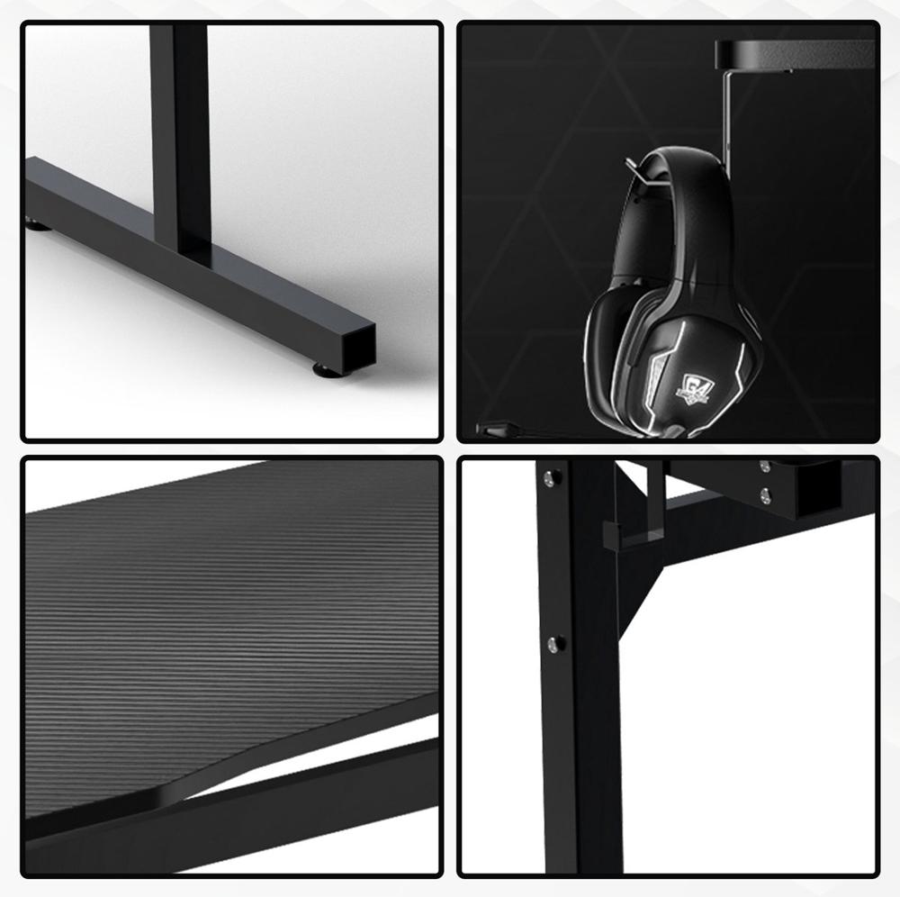 Afbeelding toont vier close-ups van een zwart gaming bureau. De bovenste afbeeldingen tonen een stevige metalen basis en een headsethouder, terwijl de onderste afbeeldingen een geribbelde tabletop en een bevestigingsmechanisme laten zien.