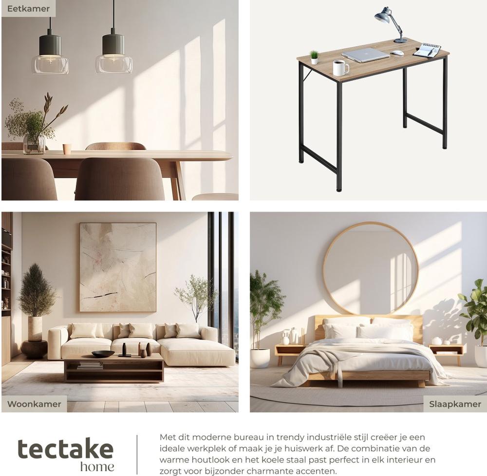 Collage van vier ingerichte ruimtes: een eetkamer met moderne verlichting en een houten tafel, een kantoor met een strakke bureautafel en lamp, een gezellige woonkamer met een bank en kunst aan de muur, en een slaapkamer met een bed en ronde spiegel. Deze afbeelding toont verschillende interieurstijlen en praktische meubeloplossingen voor elke ruimte in huis.