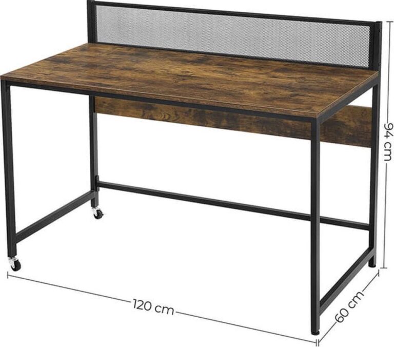 Een modern bureau met een houten bovenblad en een metalen frame, voorzien van een acrylaat rugleuning. De afmetingen zijn 120 cm breed, 60 cm diep en 94 cm hoog.