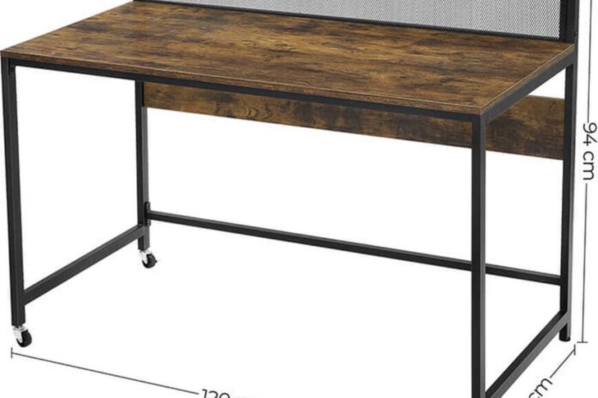 Een modern bureau met een houten bovenblad en een metalen frame, voorzien van een acrylaat rugleuning. De afmetingen zijn 120 cm breed, 60 cm diep en 94 cm hoog.