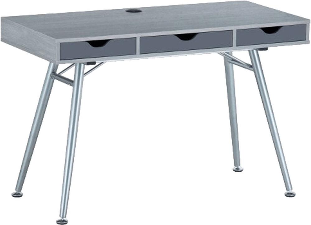 Modern Bureau Lichtgrijs Houten Bovenkant Drie Zwarte Lades Minimalistisch Kabelmanagement