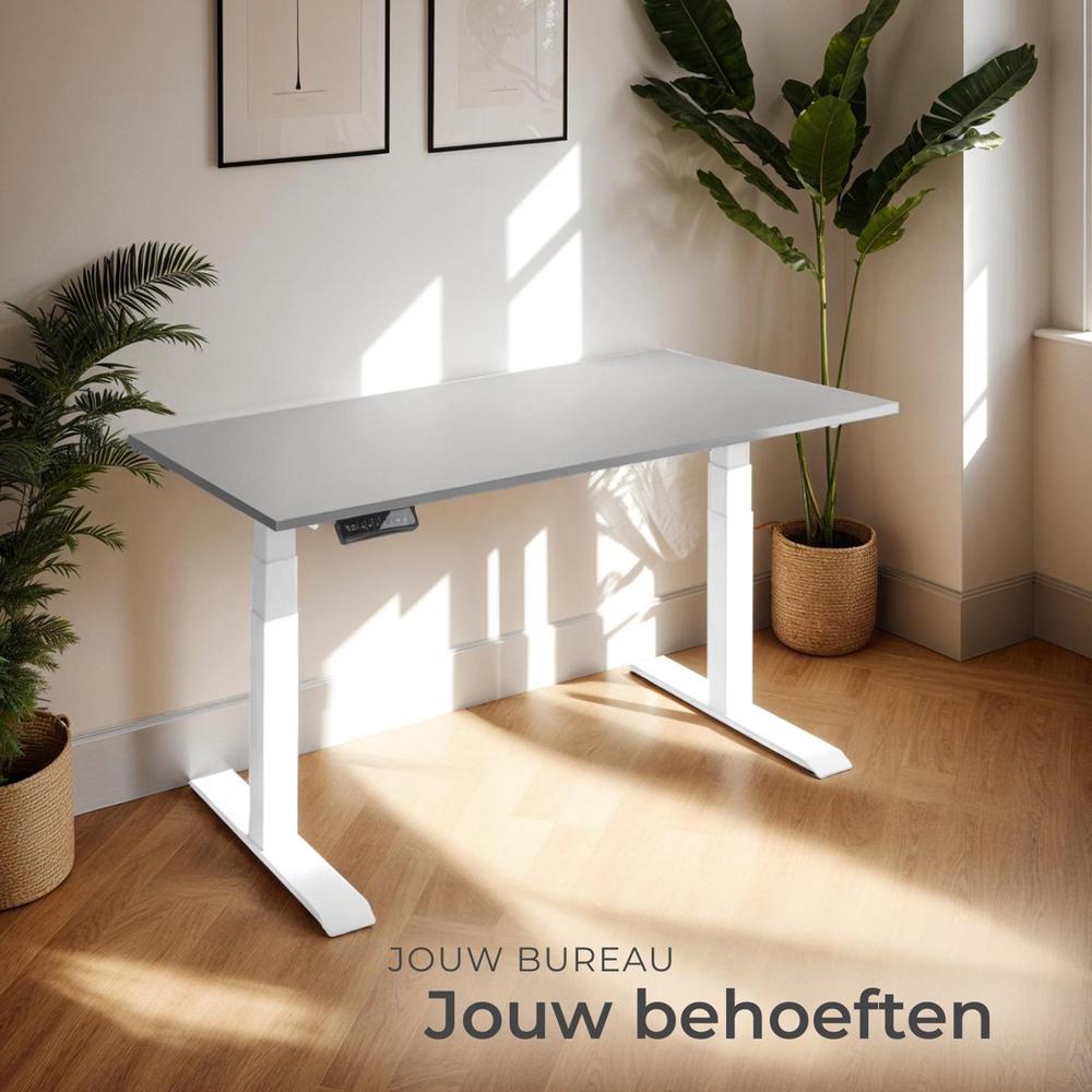 Een modern verstelbaar bureau van grijs en wit met een minimalistisch ontwerp, geplaatst in een lichte kamer met natuurlijk licht. Op de achtergrond zijn groene planten en ingelijste kunstwerken zichtbaar, wat de ruimte een frisse uitstraling geeft.