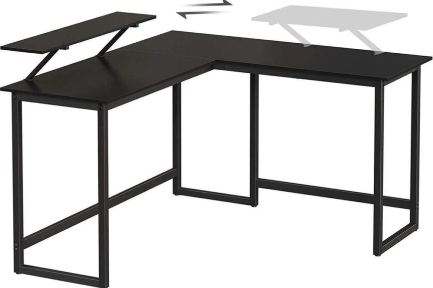 Een modern zwart bureau met een uitklapbaar bovenste gedeelte, ontworpen voor multifunctioneel gebruik. Het bureau heeft een stevig metalen frame en biedt een ruime werkplek, ideaal voor thuiswerken of studeren.