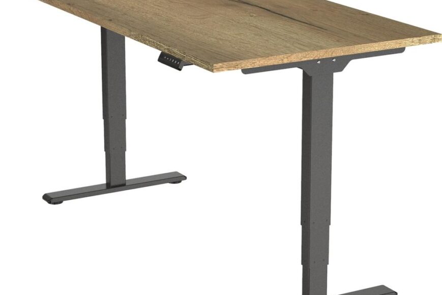 Een moderne bureau met een robuuste houten bovenkant en een zwart metalen onderstel. Het ontwerp is functioneel en geschikt voor een stijlvolle werkplek.