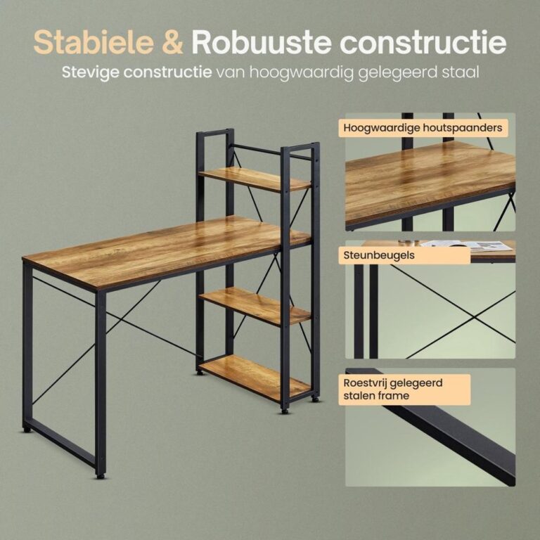 Een moderne bureau met een robuuste constructie van hoogwaardig gelakt staal en houten planken. De afbeelding toont de stabiliteit en gebruiksvriendelijkheid van het bureau, met extra steunen voor ondersteuning.