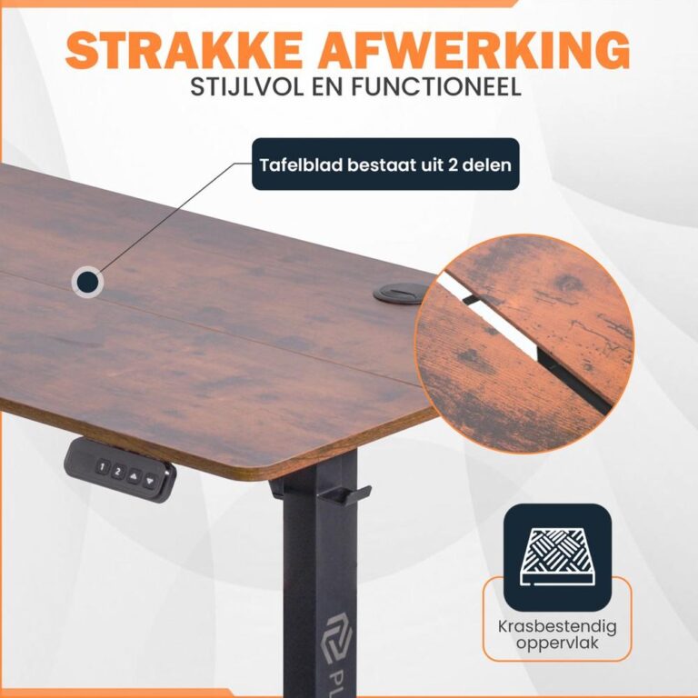 Afbeelding van een moderne bureau met een strak afgewerkt tafelblad dat uit twee delen bestaat. Het bureau heeft een krasbestendig oppervlak en een bedieningspaneel aan de zijkant voor hoogteverstelling.