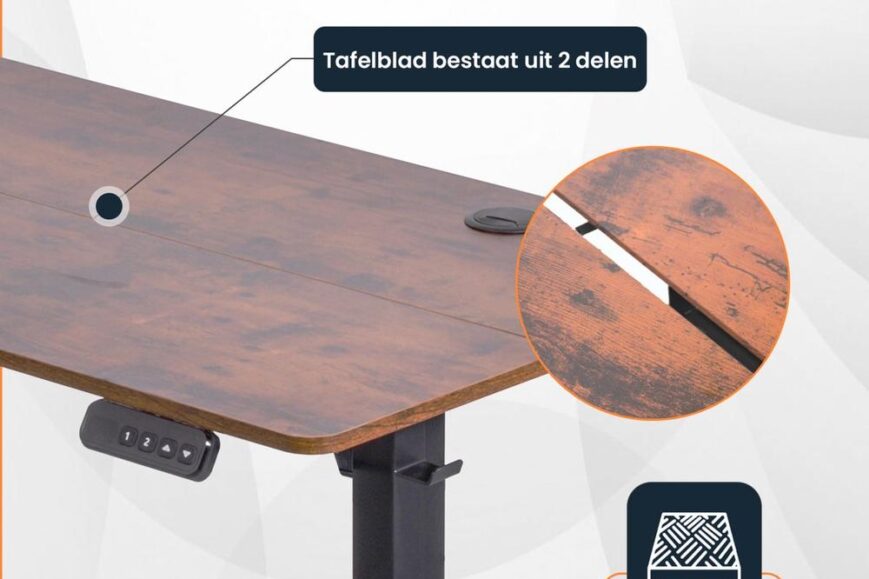 Afbeelding van een moderne bureau met een strak afgewerkt tafelblad dat uit twee delen bestaat. Het bureau heeft een krasbestendig oppervlak en een bedieningspaneel aan de zijkant voor hoogteverstelling.