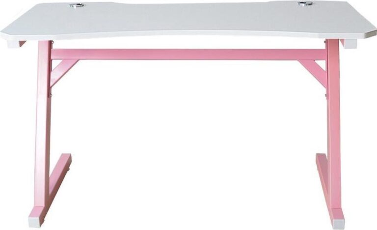 Een moderne bureau met een witte bovenkant en een opvallende roze metalen onderstel. Het ontwerp is geschikt voor een speelse en eigentijdse werkomgeving.