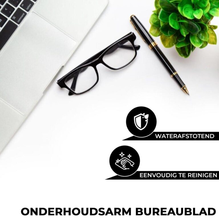 Een moderne bureaustijl met een laptop, een paar zwarte brillen en een pen op een witte ondergrond. Onder de afbeelding staan iconen en tekst die de waterafstotende en gemakkelijk te reinigen kenmerken van het bureau benadrukken.