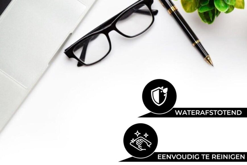 Een moderne bureaustijl met een laptop, een paar zwarte brillen en een pen op een witte ondergrond. Onder de afbeelding staan iconen en tekst die de waterafstotende en gemakkelijk te reinigen kenmerken van het bureau benadrukken.