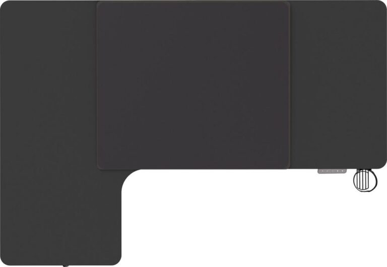 Een moderne, L-vormige bureau met een matte zwarte afwerking en een kleiner, rechthoekig aanhangsel aan de linkerkant. Het bureau is ontworpen voor multifunctioneel gebruik, ideaal voor thuiswerken of studeren.