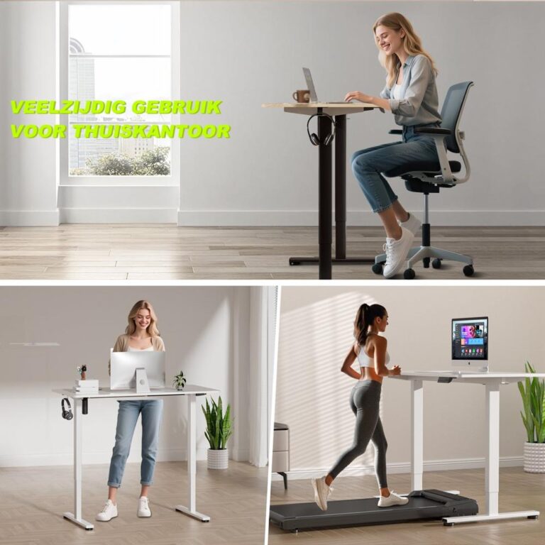 Afbeelding toont een moderne, flexibele thuiswerkplek met een verstelbaar bureau. Bovenaan zit een vrouw achter een laptop, terwijl onderaan twee andere scènes zijn te zien: een vrouw die staand werkt en een vrouw die jogt op een loopband, met een computer in zicht.