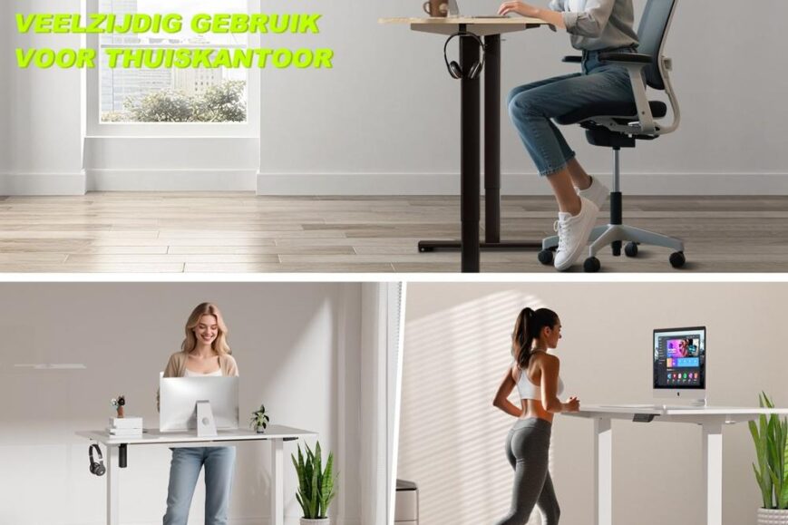 Afbeelding toont een moderne, flexibele thuiswerkplek met een verstelbaar bureau. Bovenaan zit een vrouw achter een laptop, terwijl onderaan twee andere scènes zijn te zien: een vrouw die staand werkt en een vrouw die jogt op een loopband, met een computer in zicht.