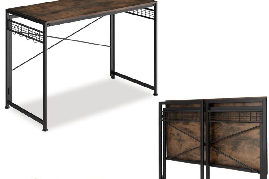 Afbeelding van een opvouwbaar bureau met een solide constructie en een houten tafelblad, ondersteund door een zwart gepoedercoat stalen frame. Het ontwerp benadrukt de ruimtebesparende eigenschappen en het praktische inklapsysteem voor eenvoudig opbergen.