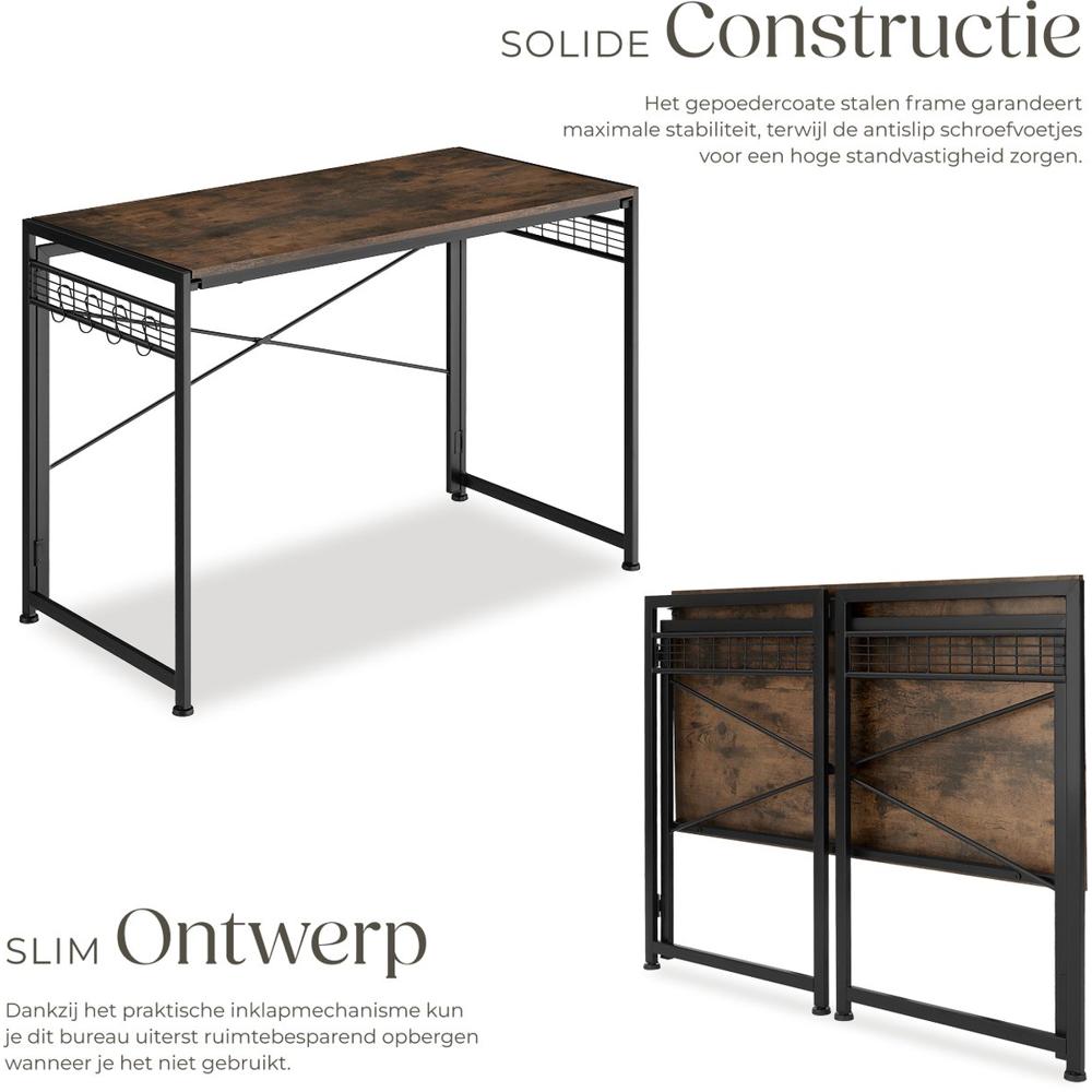 Afbeelding van een opvouwbaar bureau met een solide constructie en een houten tafelblad, ondersteund door een zwart gepoedercoat stalen frame. Het ontwerp benadrukt de ruimtebesparende eigenschappen en het praktische inklapsysteem voor eenvoudig opbergen.