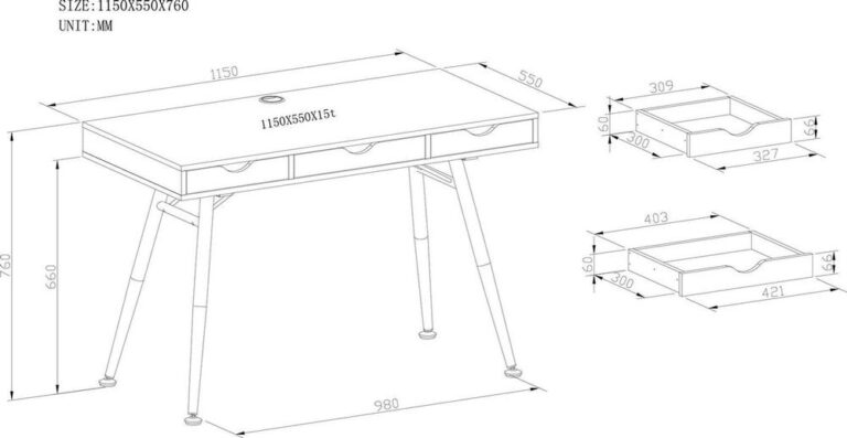 Technische tekening van een bureau met afmetingen en details van de laden. De afmetingen zijn weergegeven in millimeters en tonen een design met een modern uiterlijk en vier poten.