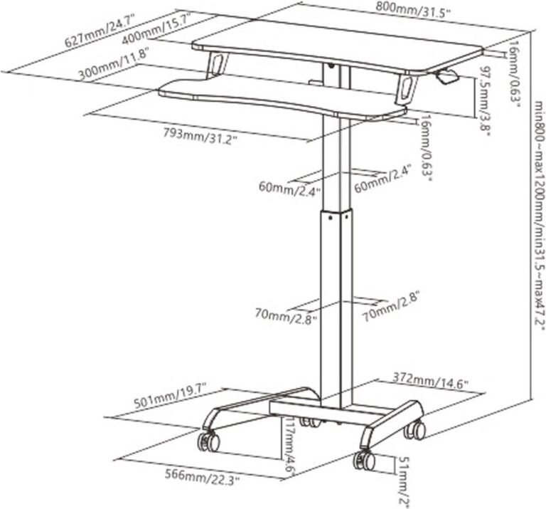 Tekening van een verstelbaar bureau met afmetingen en specificaties. De afbeelding toont de verschillende maten van de tafel, het onderstel en de wielen voor mobiliteit.