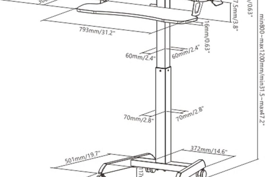 Tekening van een verstelbaar bureau met afmetingen en specificaties. De afbeelding toont de verschillende maten van de tafel, het onderstel en de wielen voor mobiliteit.