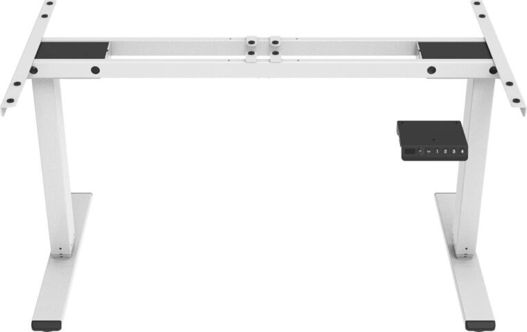 Een wit verstelbaar bureau frame met een digitale bedieningseenheid aan de zijkant. Het onderstel is robuust en ontworpen voor gebruik met verschillende bureaublad stijlen.