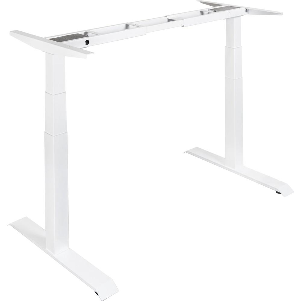 Een moderne, witte bureauonderstel zonder blad, ontworpen voor aanpassing in hoogte. Dit strakke en minimalistische design is geschikt voor een ergonomische werkplek.