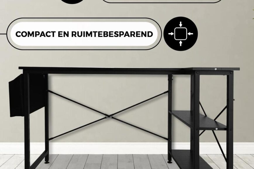 Zwart bureau met een eenvoudig te monteren ontwerp en een compact, ruimtebesparend formaat. Het heeft een open plank voor extra opslag en een minimalistische uitstraling, ideaal voor thuiswerken.