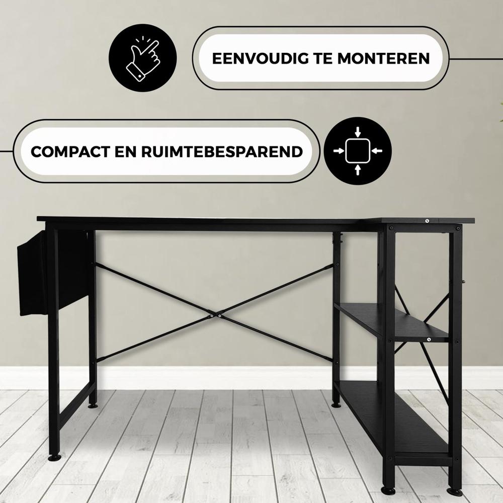 Zwart bureau met een eenvoudig te monteren ontwerp en een compact, ruimtebesparend formaat. Het heeft een open plank voor extra opslag en een minimalistische uitstraling, ideaal voor thuiswerken.