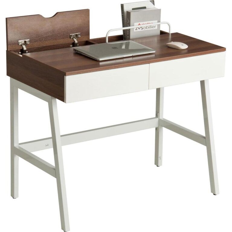 Moderne bureau met een combinatie van een houten bovenblad en een wit onderstel. Het bureau bevat een laptop, een muis, en een opbergvak aan de achterkant voor tijdschriften en documenten.