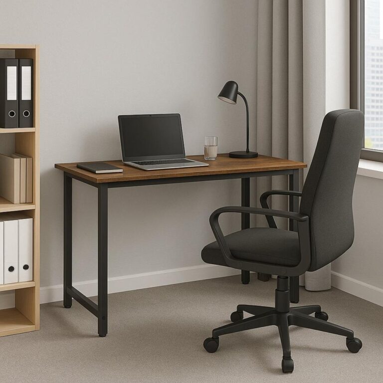 Moderne thuiskantoorinrichting met een houten bureau, een laptop, een notitieboekje en een glazen waterkan. Rechts staat een comfortabele zwarte bureaustoel en op de achtergrond is een boekenplank zichtbaar.