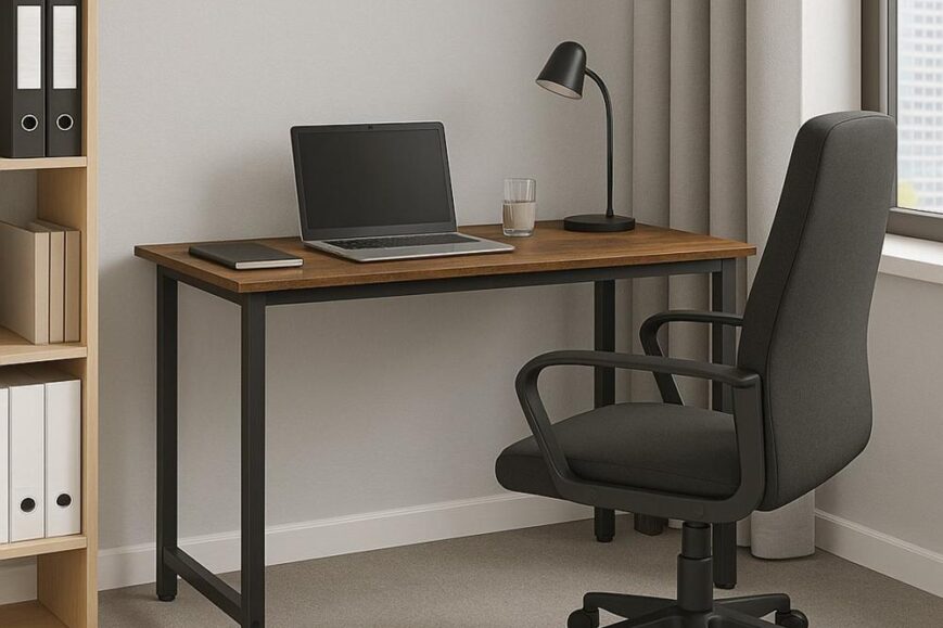 Moderne thuiskantoorinrichting met een houten bureau, een laptop, een notitieboekje en een glazen waterkan. Rechts staat een comfortabele zwarte bureaustoel en op de achtergrond is een boekenplank zichtbaar.