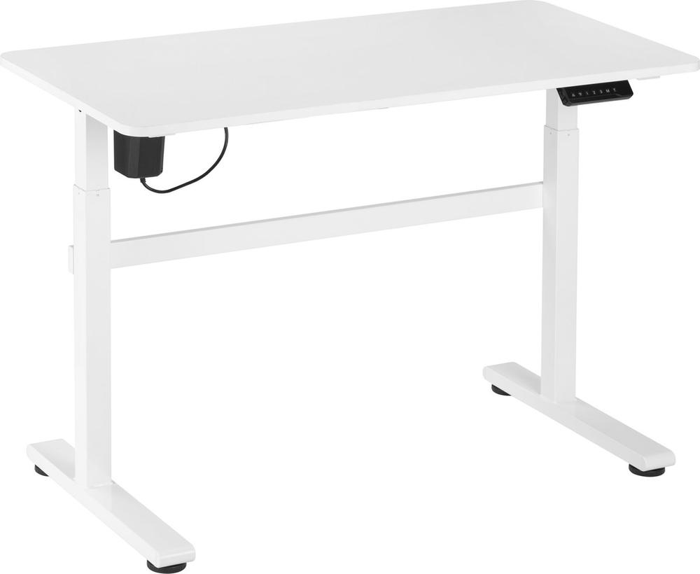 Een moderne, verstelbare bureau met een witte tafelblad en een stevig wit metalen onderstel. Het bureau is uitgerust met een bedieningspaneel aan de zijkant voor het aanpassen van de hoogte.