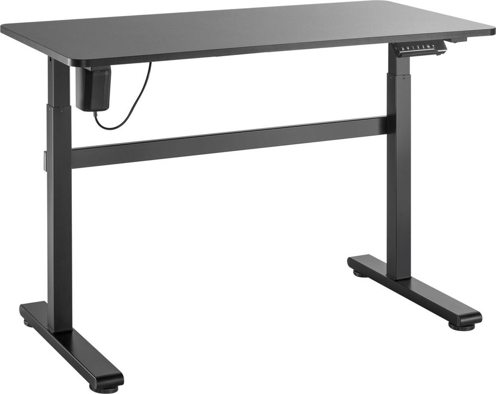 Een moderne, verstelbare bureau met een zwart metalen frame en een rechthoekig blad. De tafel is uitgerust met een bedieningselement voor hoogte-instelling aan de zijkant, ideaal voor een ergonomische werkruimte.