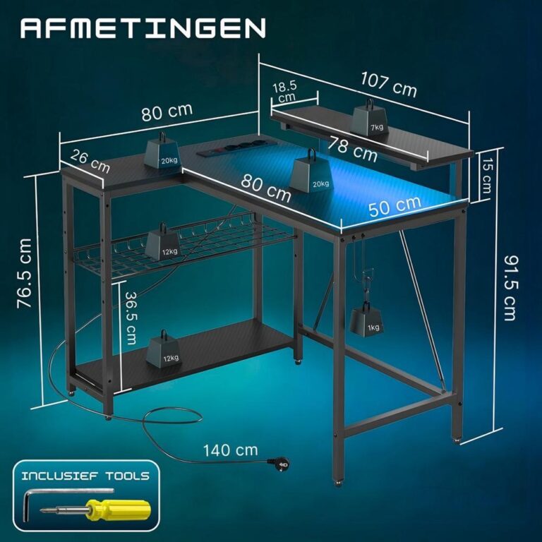 Afbeelding van een multifunctioneel werkstation met specifieke afmetingen, gemarkeerd met zijkanten en gewichtseenheden. De tabel heeft een bovenblad met vier gewichten, een onderrek en een verlengkabel, met een duidelijke focus op de dimensies en het ontwerp.