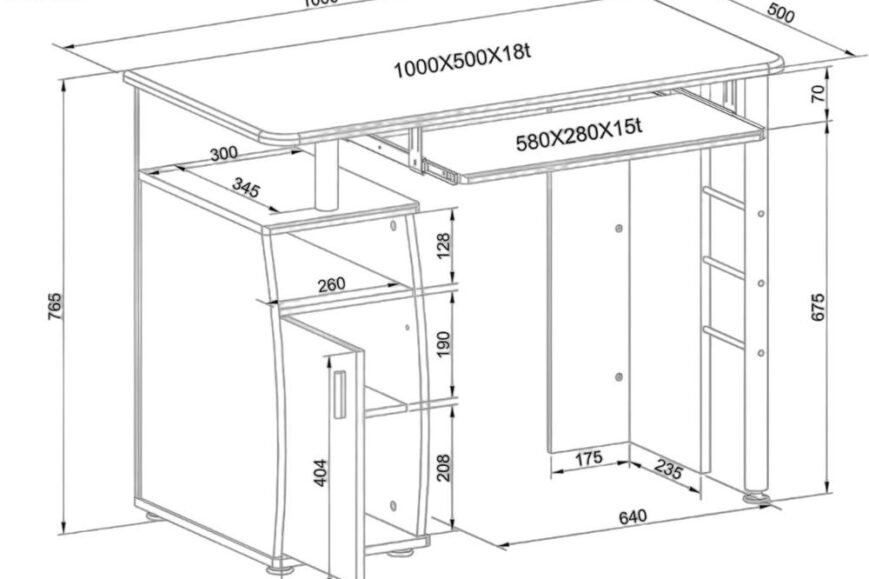 Technische tekening van een bureautafel met afmetingen in millimeters, inclusief details over lade en kastindeling. De tafel meet 1000 mm breed, 500 mm diep en 765 mm hoog, met een extra uitschuifbare plank.